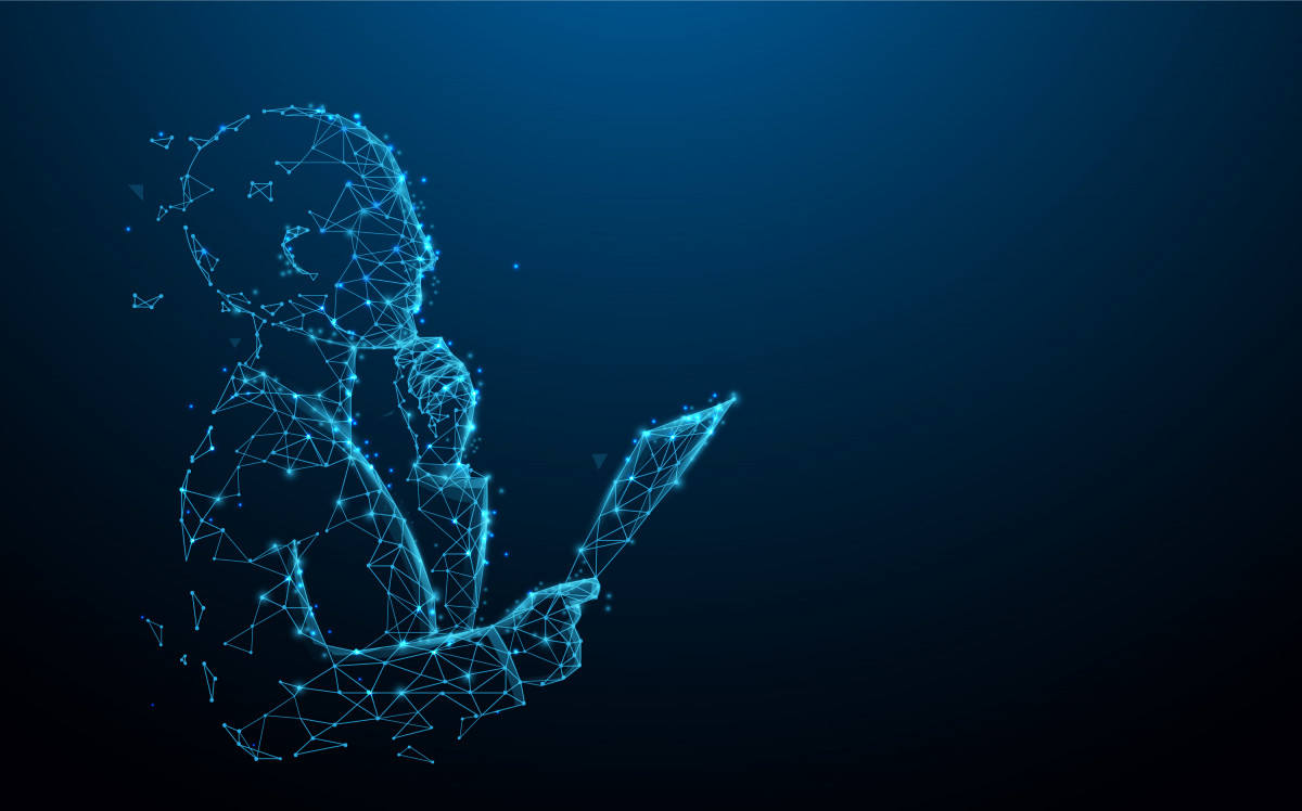 Animierter Mann in Denkhaltung auf dunkelblauem Hintergrund