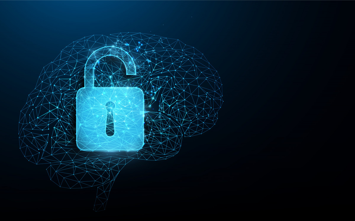 Animiertes Gehirn mit Vorhängeschloss auf dunkelblauem Hintergrund